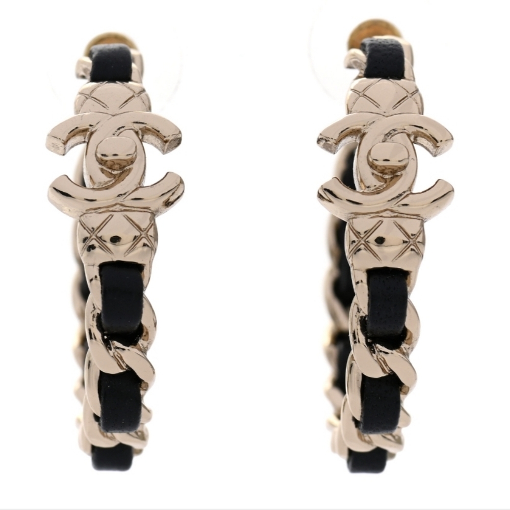 Chanel Lambskin CC Turnlock Chain Hoop Earrings Gold Black